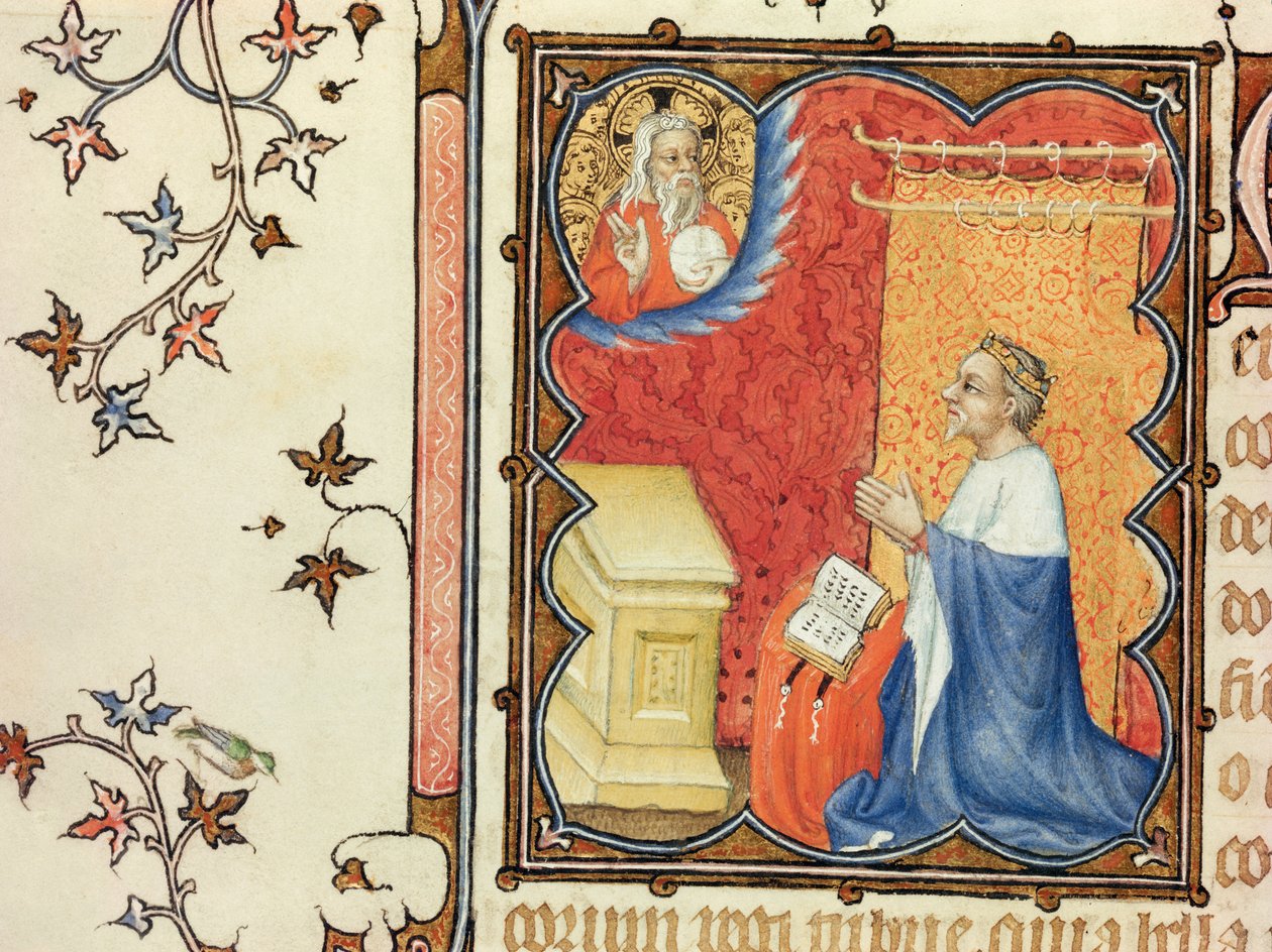 Ms Lat 18014 Jean de France (1340-1416) Berryn herttua rukoilemassa ikuisen isän edessä, Les Petites Heures de Duc de Berrystä, n. 1385-1390 tekijältä Jacquemart de Hesdin