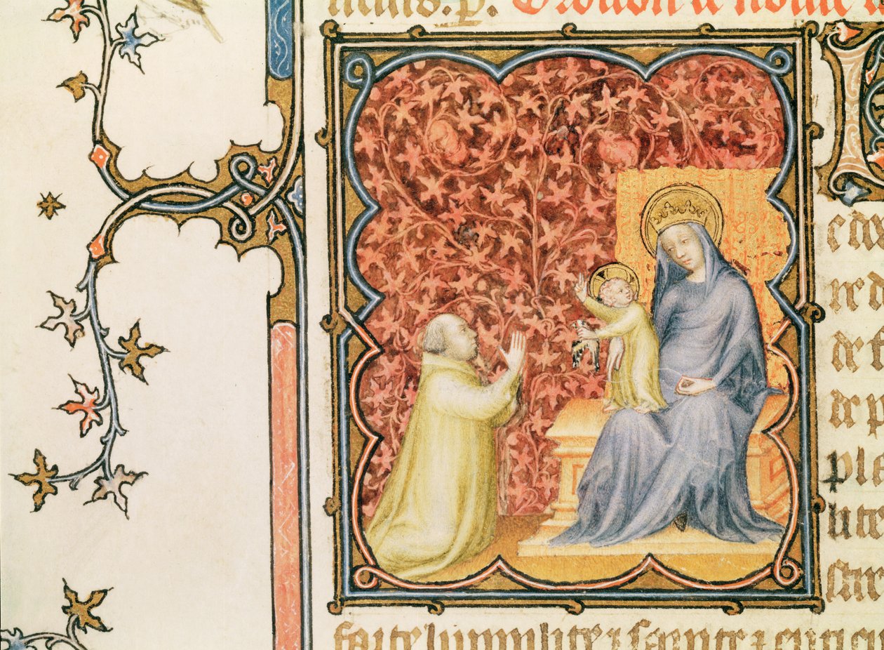 Ms Lat 18014 Jean de France (1340-1416) Berryn herttua rukoilemassa Neitsyen ja lapsen edessä, Les Petites Heures de Duc de Berrystä, n. 1385-1390 tekijältä Jacquemart de Hesdin