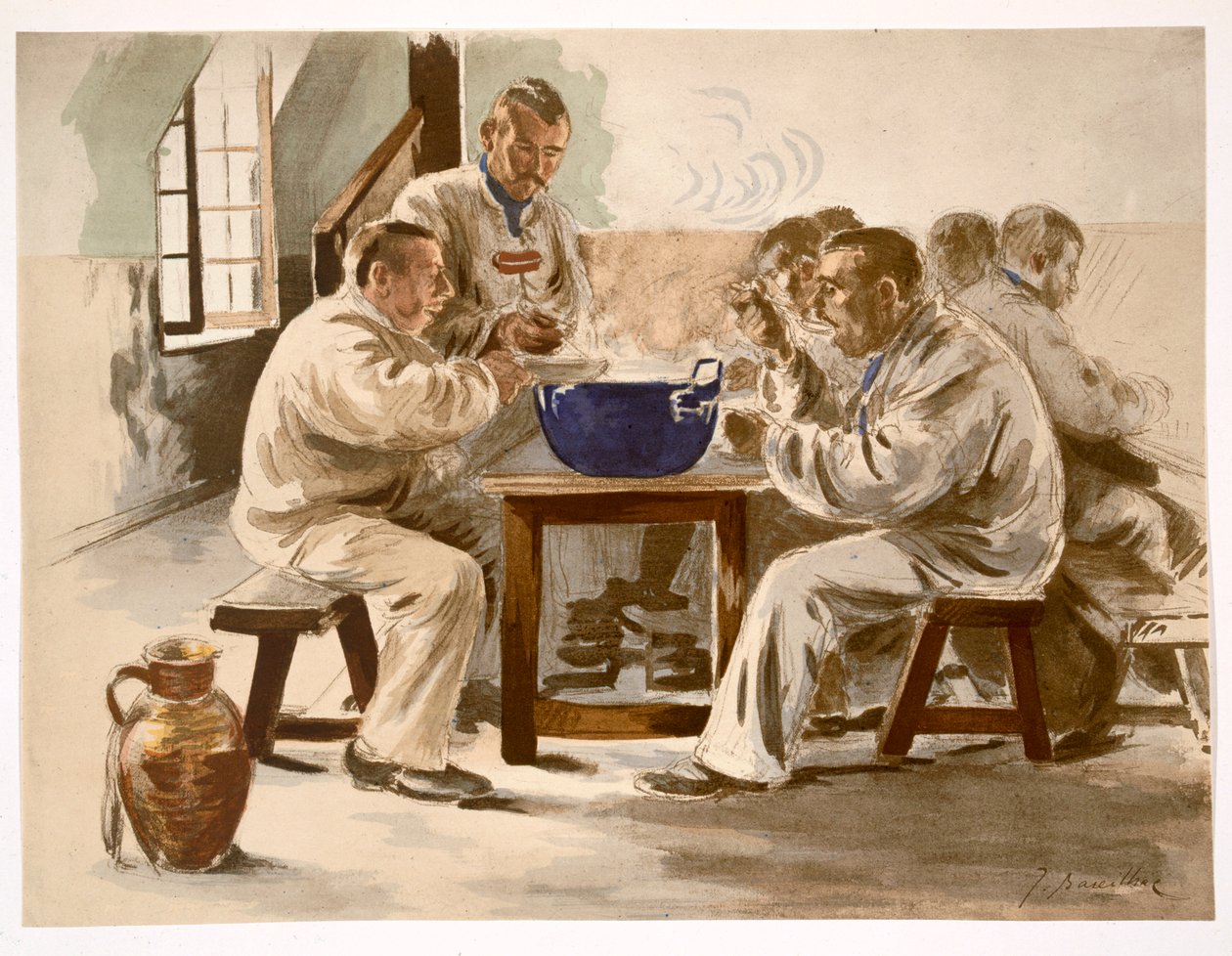 Eating Soup at the Barracks, LEstampe Moderne, julkaistu Paris 1897-99 tekijältä Jacques Baseilhac