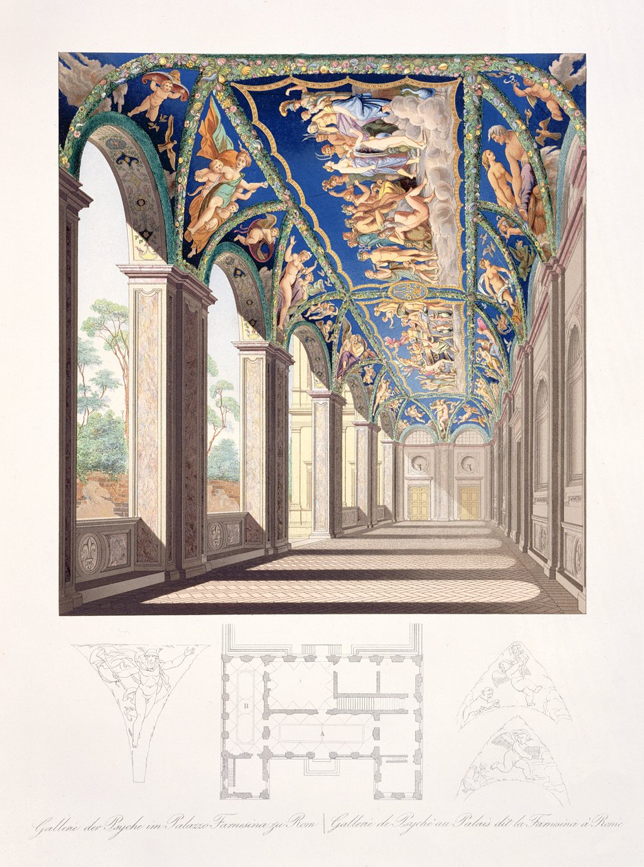 Psychen galleria Villa Farnesinassa, Roomassa, kahdentoista kaiverruksen sarjasta, julkaistu 1693 (käsinvärinen kuparikaiverrus) tekijältä Jacques Belly