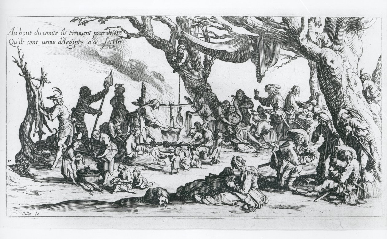 Syntymä mustalaisleirillä (kaiverrus) tekijältä Jacques Callot