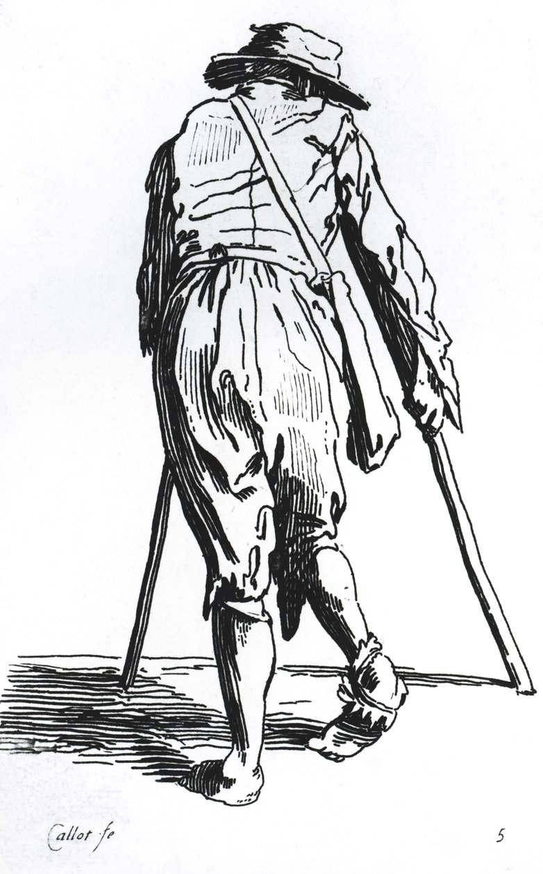 Kerjäläinen kainalosauvoillaan takaapäin tekijältä Jacques Callot