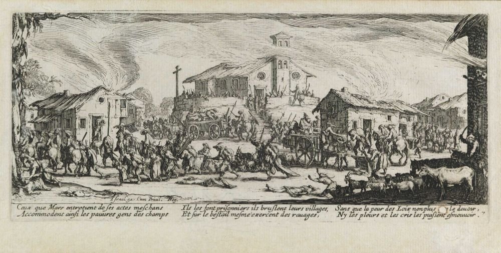 Kylän ryöstely ja polttaminen Les miseres et les mal-heures de la guerre, pl. 7 tekijältä Jacques Callot
