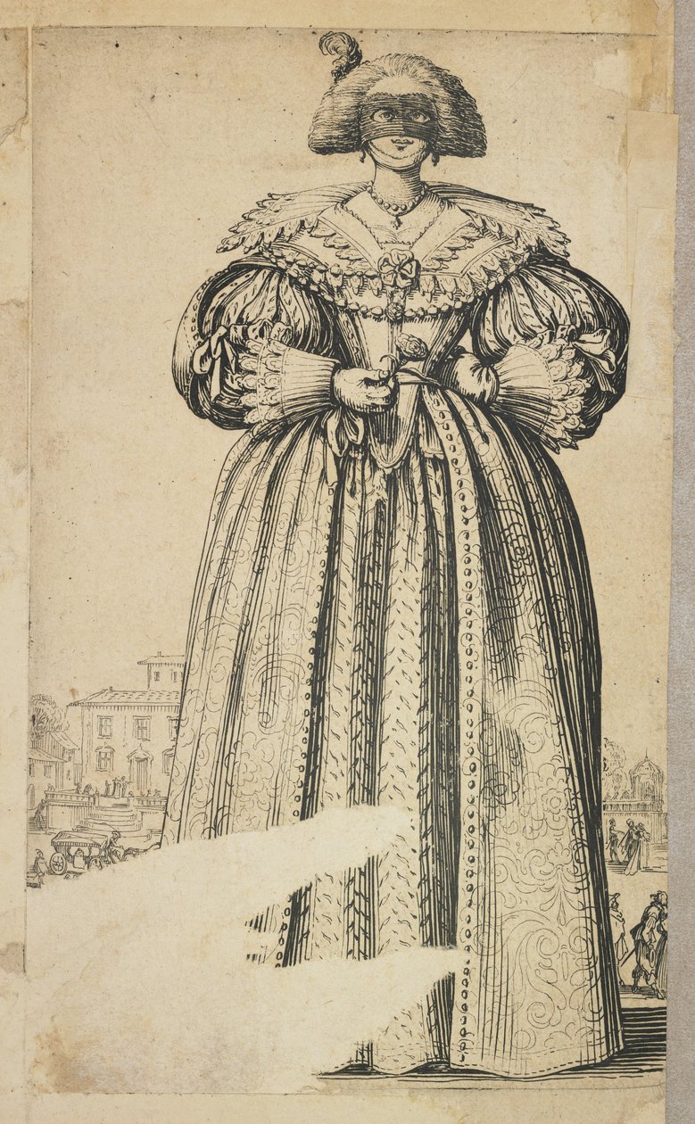 Naamioitu jalo nainen, La Noblesse de Lorraine (verso), n. 1620-23 tekijältä Jacques Callot