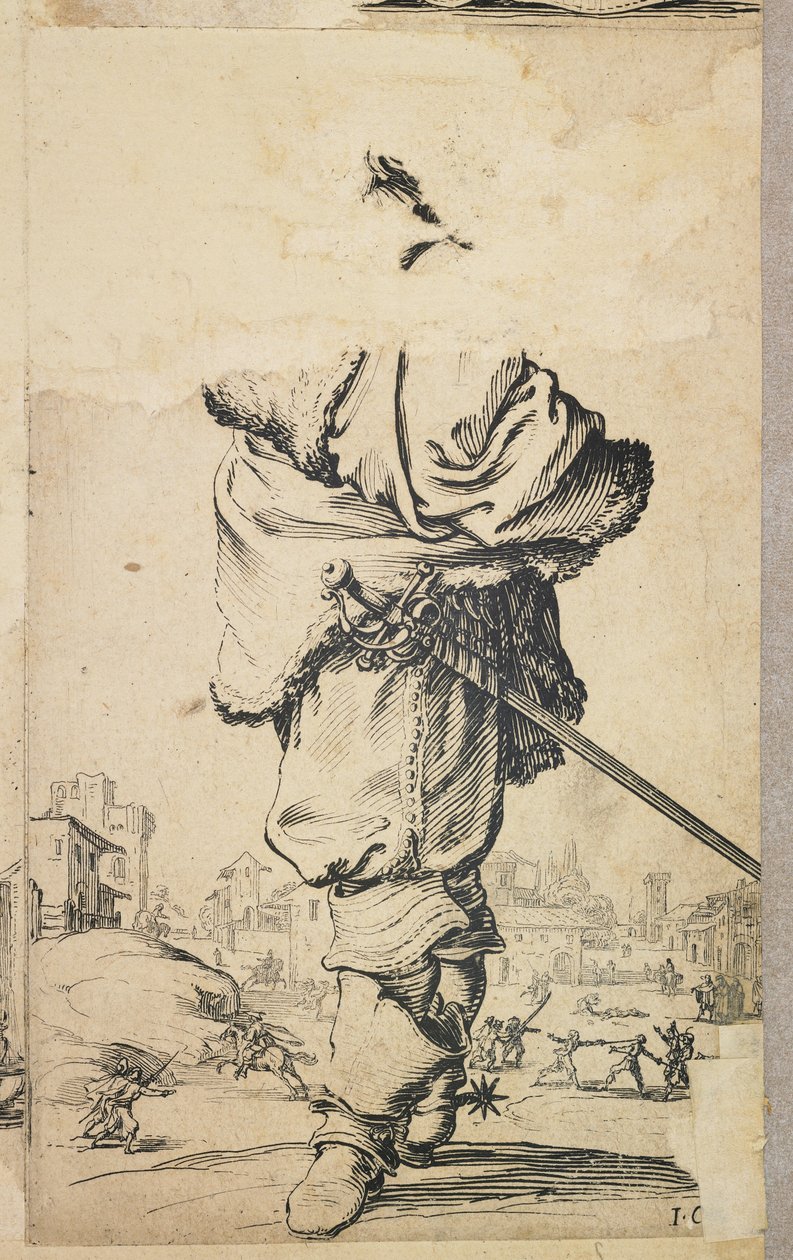 Aatelismies turkisrintalevyllä, La Noblesse de Lorrainesta (verso), n. 1620-23 tekijältä Jacques Callot
