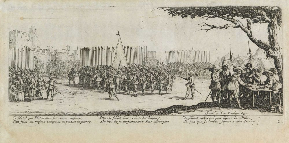 Joukkojen rekrytointi Les miseres et les mal-heures de la guerre, pl. 2 tekijältä Jacques Callot