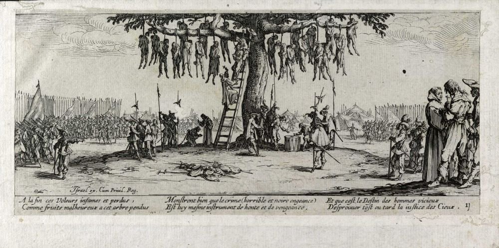 Hirsin kidutus Les miseres et les mal-heures de la guerre, pl. 11 tekijältä Jacques Callot
