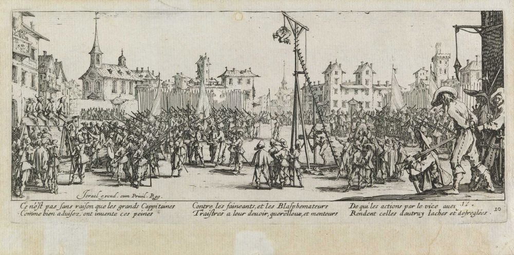 Hihnapyörän kidutus Les miseres et les mal-heures de la guerre, pl. 10 tekijältä Jacques Callot