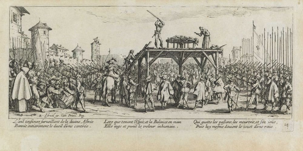 Pyörän kidutus Les miseres et les mal-heures de la guerre, pl. 14 tekijältä Jacques Callot