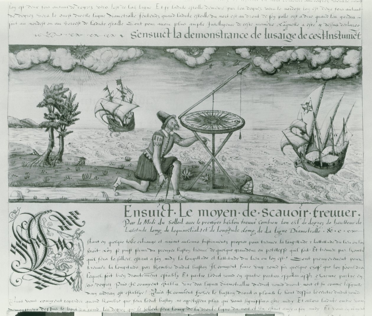 Ms Fr 150 fol. 21r The Utilisation of the Sextant, Les Premieres Oeuvres de Jacques De Vaulx Pilote en la Marine, 1583 (kynä ja muste ja pesu paperille) tekijältä Jacques Devaulx
