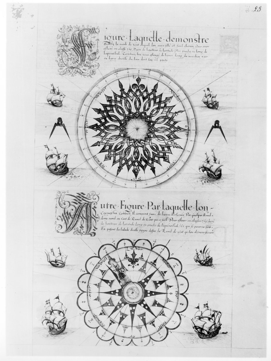 Ms Fr 150 fol.23r Sextant, teoksesta "Les Premieres Oeuvres de Jacques De Vaulx Pilote en la Marine", 1583 (kynä ja muste ja pesu paperille) tekijältä Jacques Devaulx
