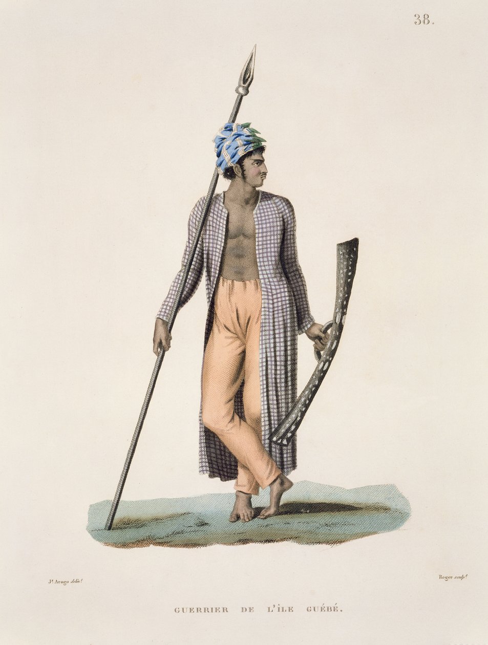 Soturi Gueben saarelta, "Voyage autour du Monde (1817-20)", Louis Claude Desaulses de Freycinet (1779-1842), kaiverrus Roger, julkaistu 1822-24 tekijältä Jacques Etienne Victor Arago