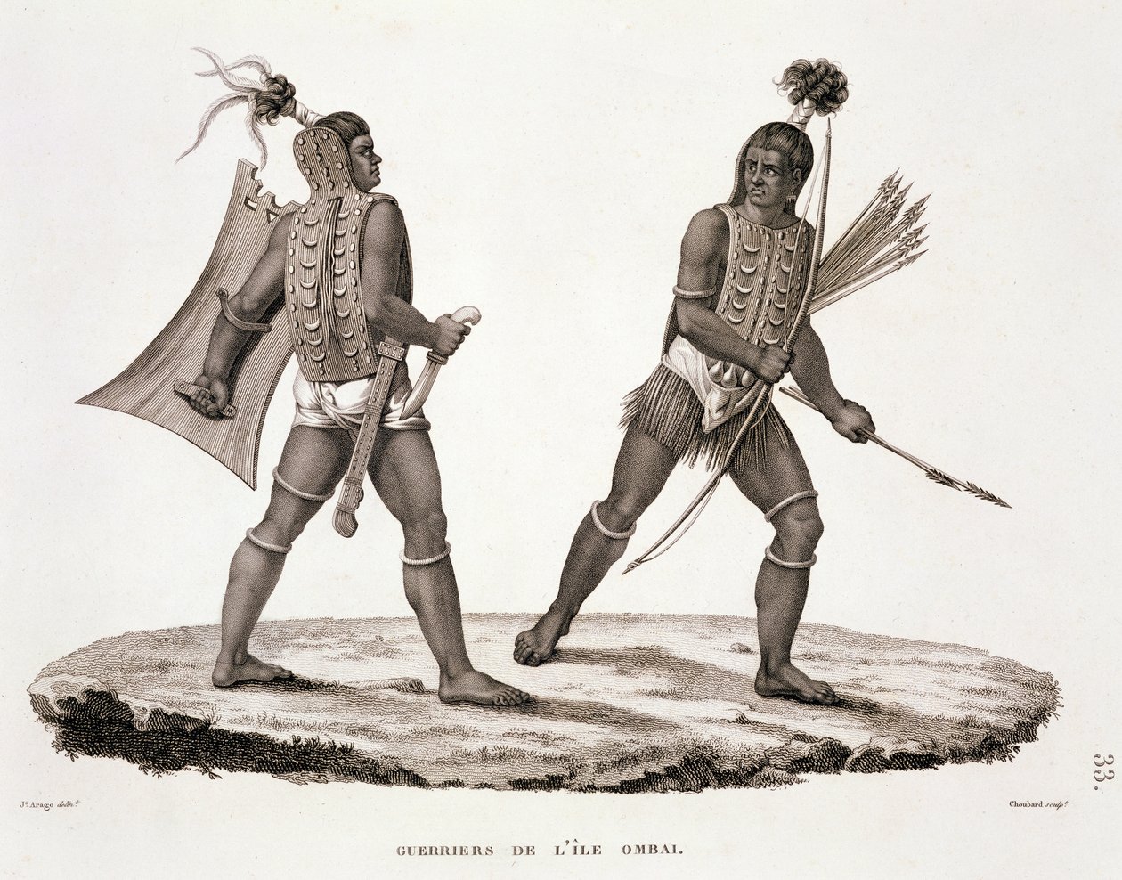 Soturit Ombain saarelta, "Voyage Autour du Monde (1817-20)", Louis Claude De Saulces de Freycinet (1779-1842), kaiverrus Chaubard, julkaistu 1822-24 tekijältä Jacques Etienne Victor Arago