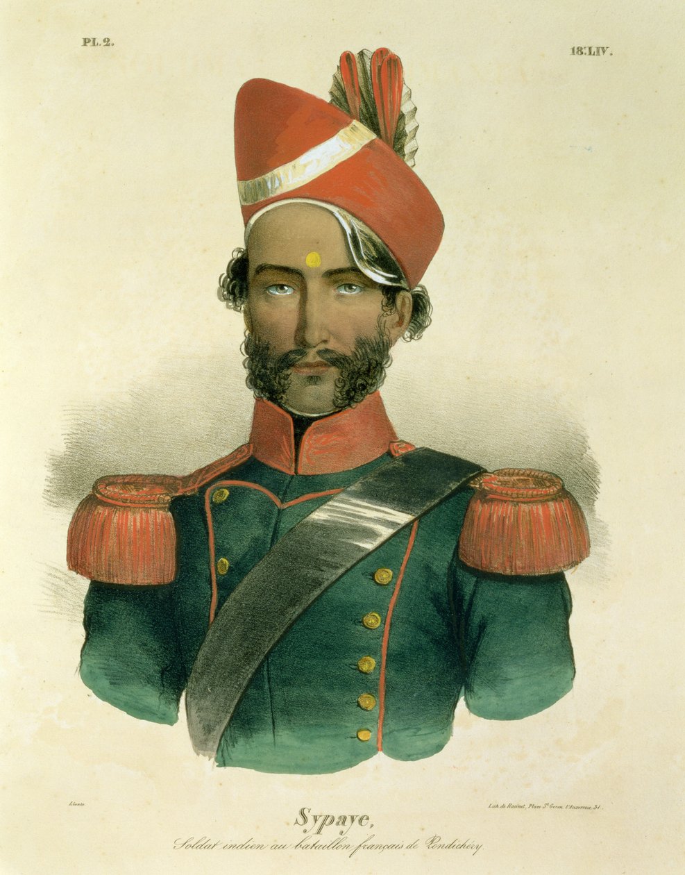 Sepoy: intialainen sotilas ranskalaisessa pataljoonassa Pondicherryssä, kaivertanut Racinet tekijältä Jacques Francois Gauderique Llanta