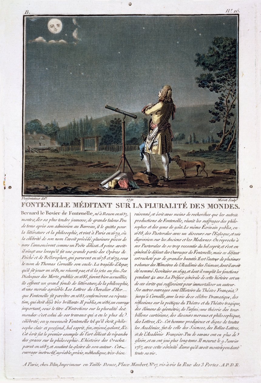 Bernard le Bovier de Fontenelle (1657-1757) pohtii maailmojen monimuotoisuutta, kaiverrettu Jean Baptiste Morret (fl.1790-1820), 1791 (katso myös 251584) tekijältä Jacques Francois Joseph Swebach