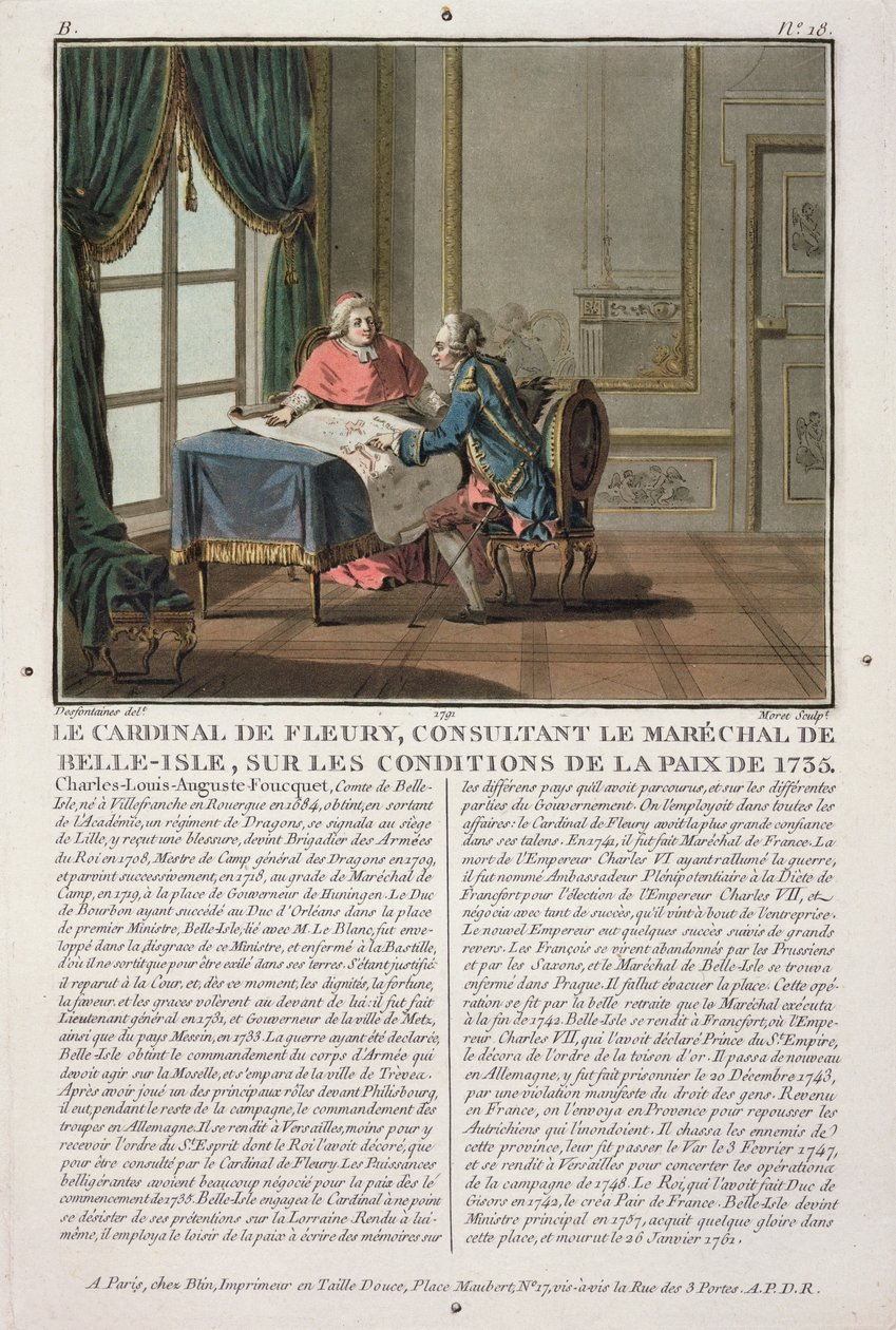 Kardinaali de Fleury (1653-1743) neuvottelee Marechal de Belle-Islen (1684-1761) kanssa rauhan ehdoista, 1735, kaiverrus Jean Baptiste Morret (fl.1790-1820), 1791 tekijältä Jacques Francois Joseph Swebach