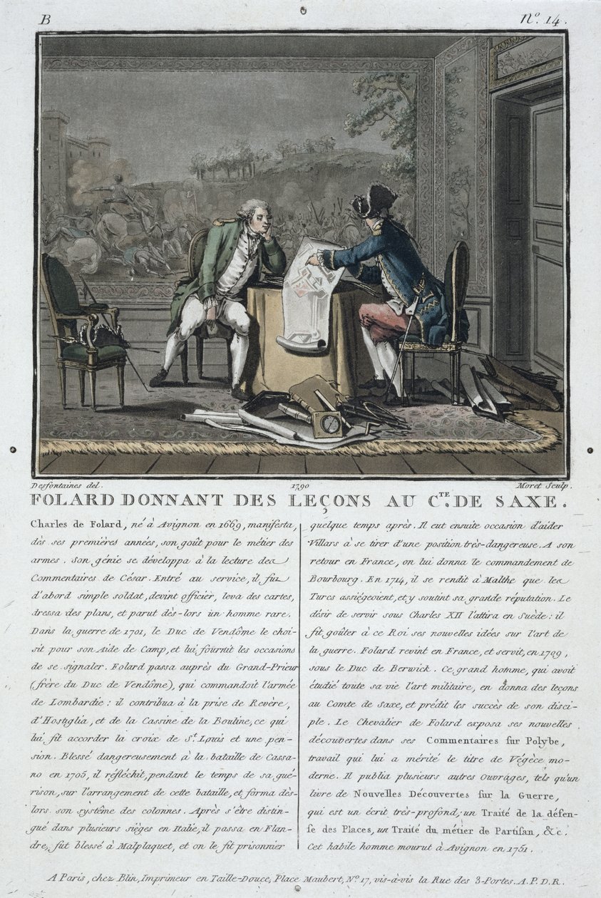 Charles, Chevalier de Folard (1699-1751) opastaa Saksin kreiviä (1696-1750), kaivertaja Jean Baptiste Morret (1790-1820), 1790. tekijältä Jacques Francois Joseph Swebach