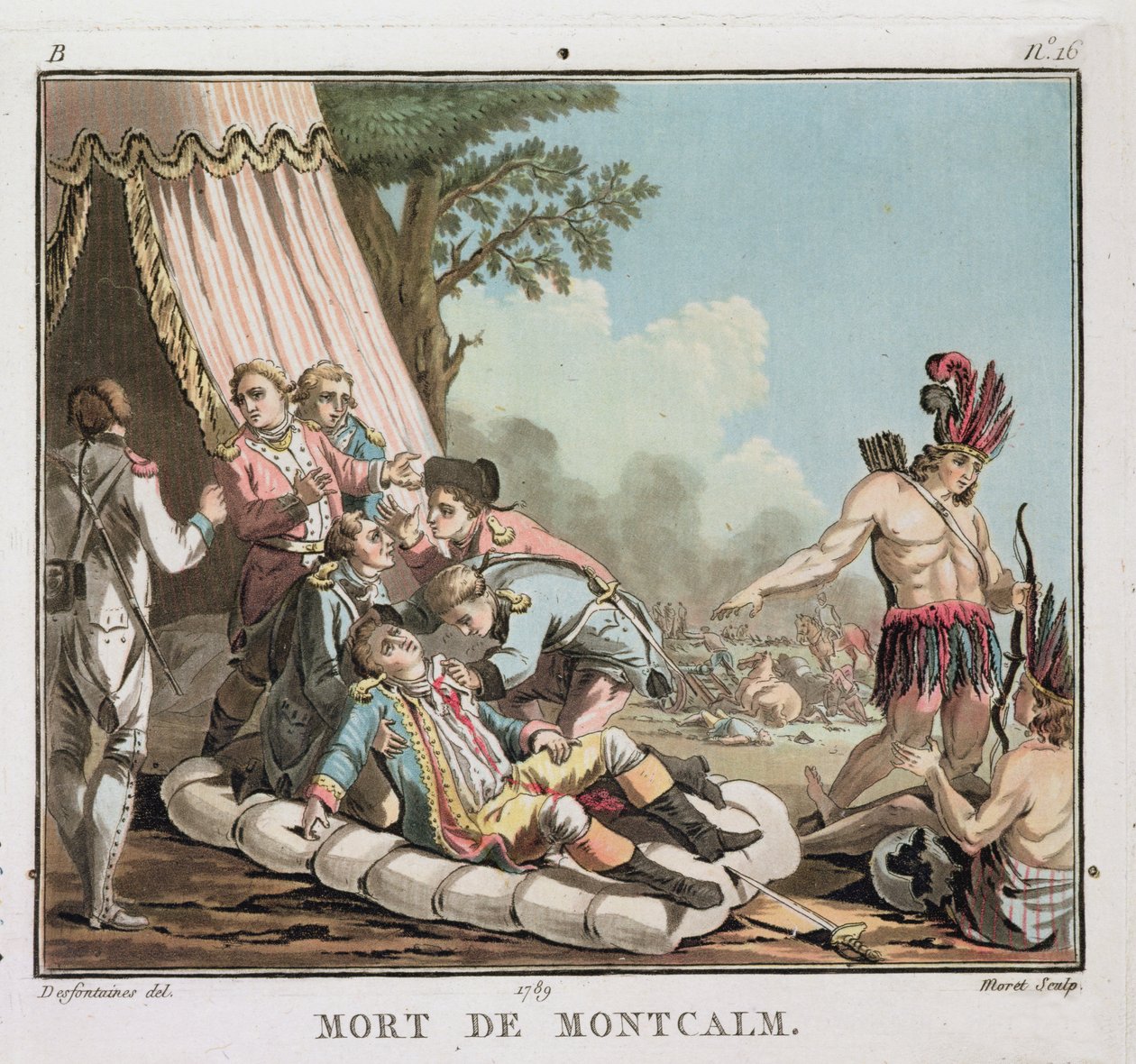 Louis Joseph de Montcalm kuoli Quebecin piirityksessä, 1759, kaiverrus Jean Baptiste Morret (fl.1790-1820), 1789 (värillinen lito) (katso myös 139883) tekijältä Jacques Francois Joseph Swebach