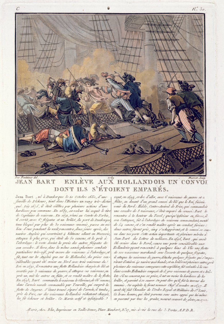 Jean Bart (1651-1702), ranskalainen laivaston komentaja, joka otti hollantilaisen saattueen, 1696, kaiverrettu Jean Baptiste Morret