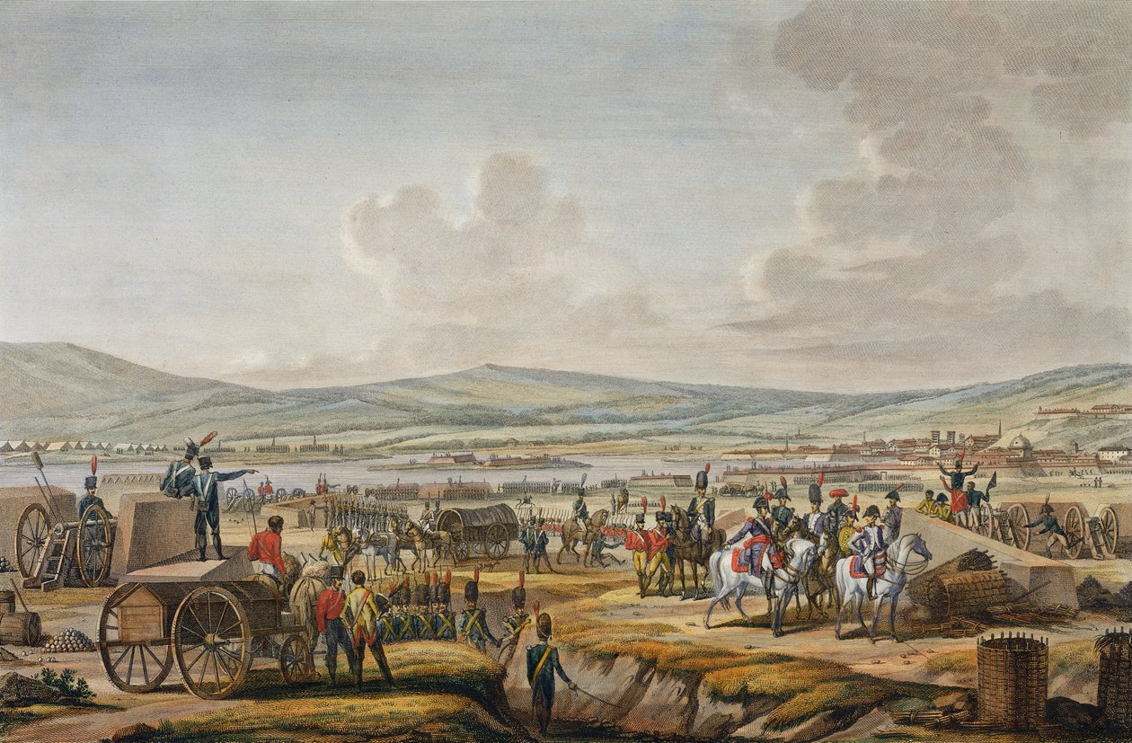 Napoleon vierailee piiritystöissä Danzigissa marsalkka Le Febvren johtamana, 9. toukokuuta 1807, kaiverrus Francois Jacques Dequevauviller (1783-1848) (akvatinta) tekijältä Jacques Francois Joseph Swebach