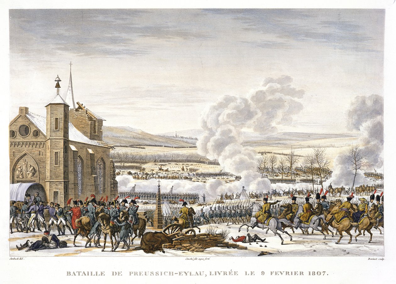 Preussisch-Eylaun taistelu, 9. helmikuuta 1807, kaiverrus Edme Bovinet (1767-1832) (akvatinta) tekijältä Jacques Francois Joseph Swebach