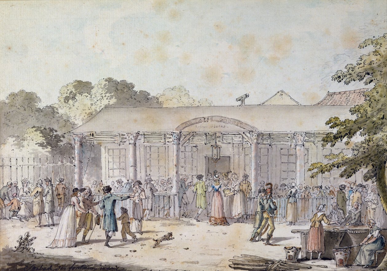 Cafe Goddet, Boulevard du Temple, konsulaatin aikaan, 1799-1804 (kynä ja muste ja wc paperilla) tekijältä Jacques Francois Joseph Swebach
