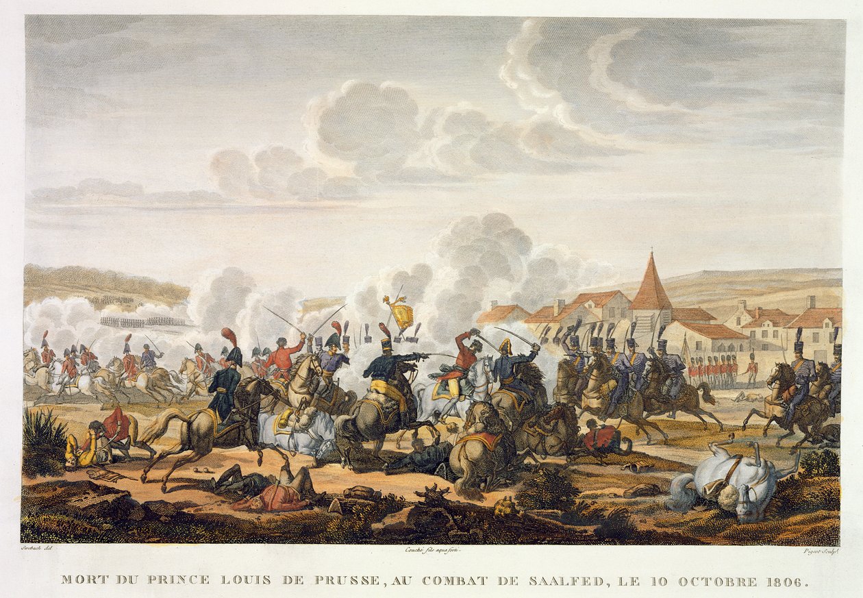 Preussin prinssi Ludwigin kuolema Saalfedin taistelussa 10. lokakuuta 1806, kaiverrus Louis Francois Couche (1782-1849) (akvatinta) tekijältä Jacques Francois Joseph Swebach