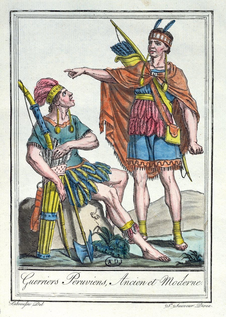 Muinaiset ja nykyaikaiset Perun soturit, kuvitus Encyclopedie des Voyagesista, kaivertanut Labrousse, 1796 tekijältä Jacques Grasset de Saint Sauveur