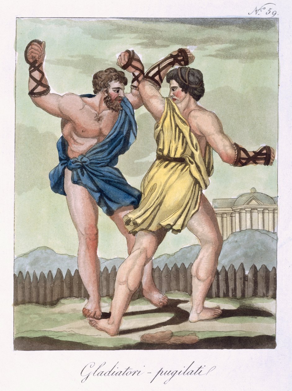 Gladiaattorit, Labroussen kaivertama "Antique Rome", julkaistu 1796 (värillinen akvatinta) tekijältä Jacques Grasset de Saint Sauveur