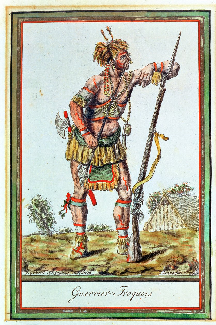 Iroquois Warrior, Encyclopedie des Voyagesista, kaivertanut J. Laroque, 1796 tekijältä Jacques Grasset de Saint Sauveur