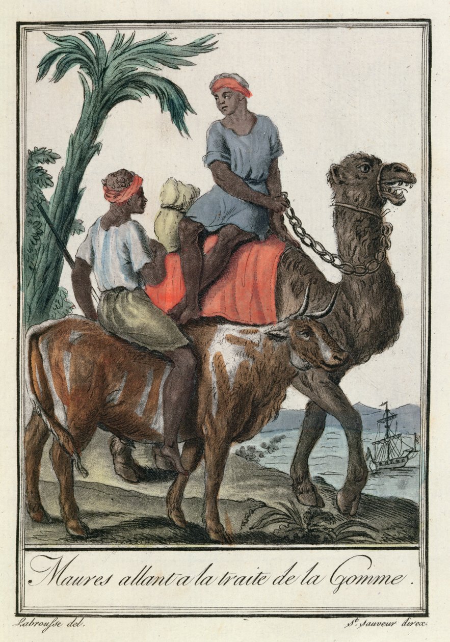 Moores salakuljetuskumia (Mauritania tai Senegambia), Costumes de Différents Paysista, 1796 tekijältä Jacques Grasset de Saint Sauveur