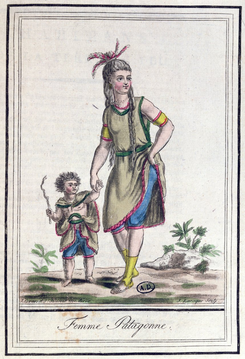 Patagonian Woman, Encylopedie des Voyagesista, kaiverrettu J. Laroque, julkaistu 1796 tekijältä Jacques Grasset de Saint Sauveur