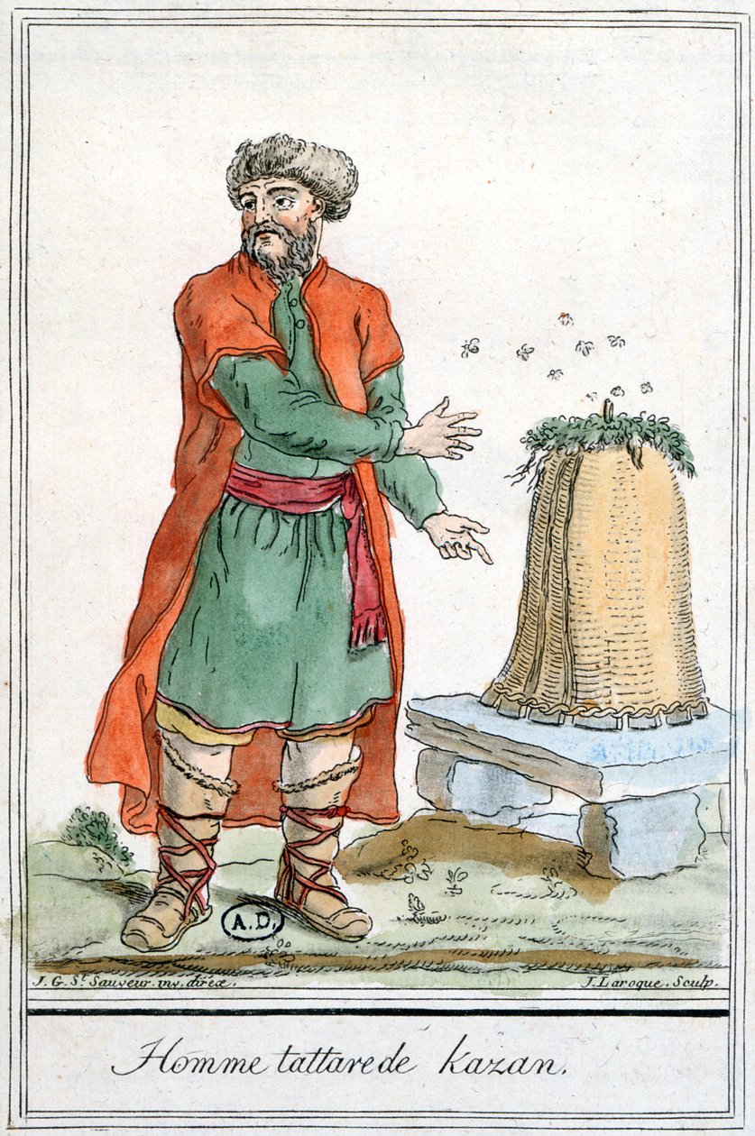 Kazanin tatarimies mehiläispesän kanssa, Encyclopedie des Voyagesista, kaivertanut J. Laroque, 1796 tekijältä Jacques Grasset de Saint Sauveur