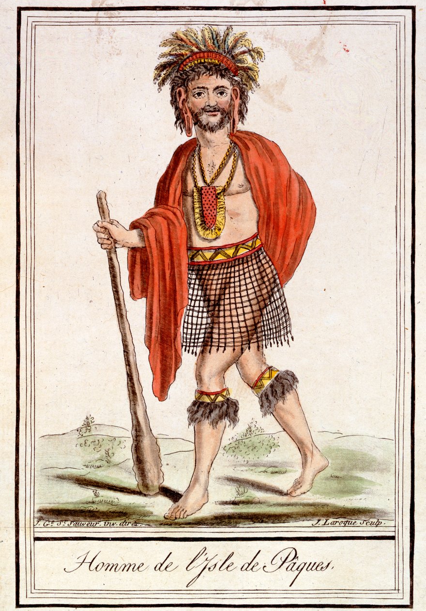Mies pääsiäissaarelta, teoksesta "Encyclopedie des Voyages", kaiverrettu J. Laroque, 1796. tekijältä Jacques Grasset de Saint Sauveur
