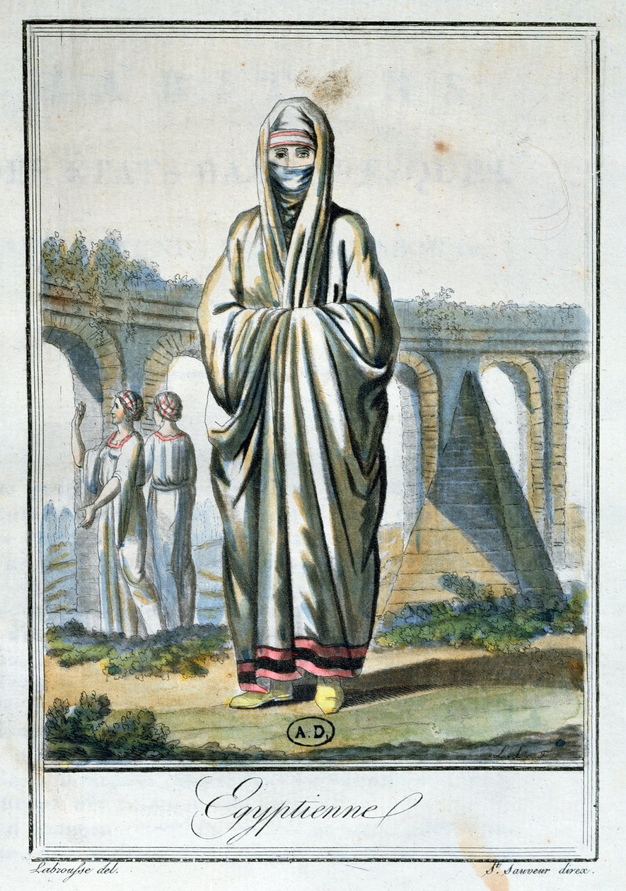 Egyptiläinen nainen pukeutuu chadoriin, kuvitus Encyclopedie des Voyagesista, julkaistu Pariisissa, 1796 tekijältä Jacques Grasset de Saint Sauveur