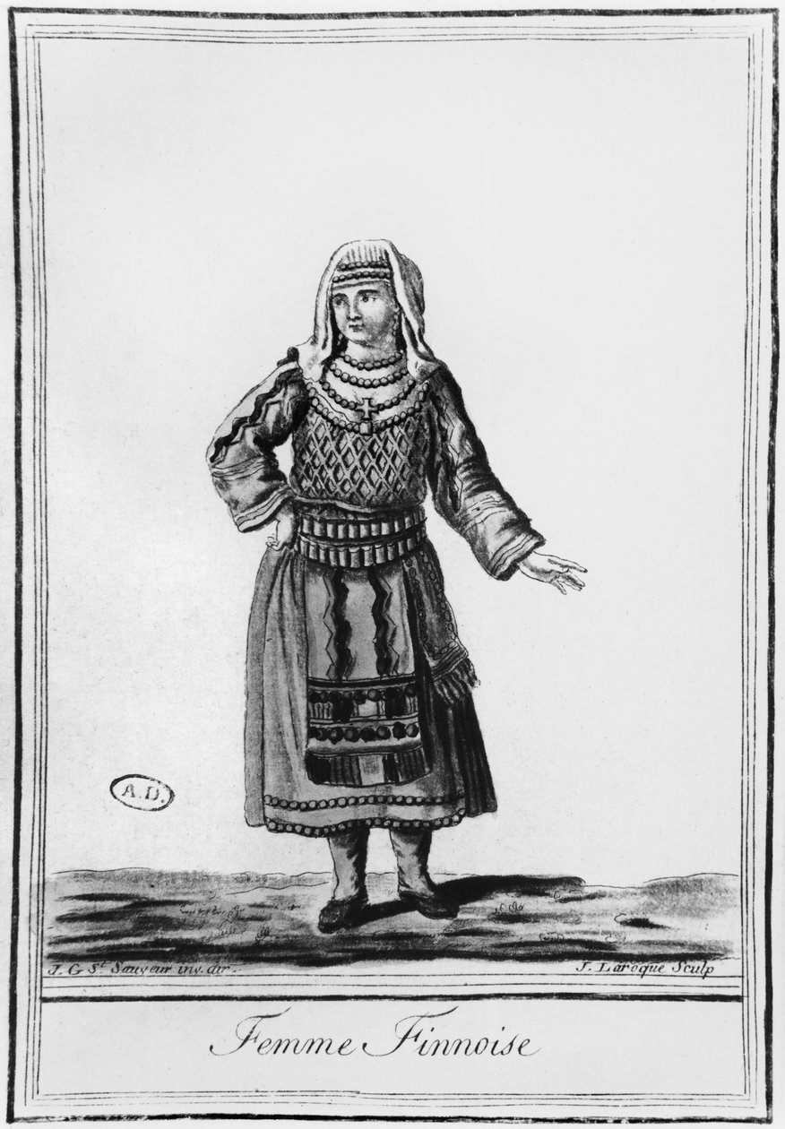 Suomalainen nainen perinteisessä puvussa, kaiverrus J. Laroque tekijältä Jacques Grasset de Saint Sauveur