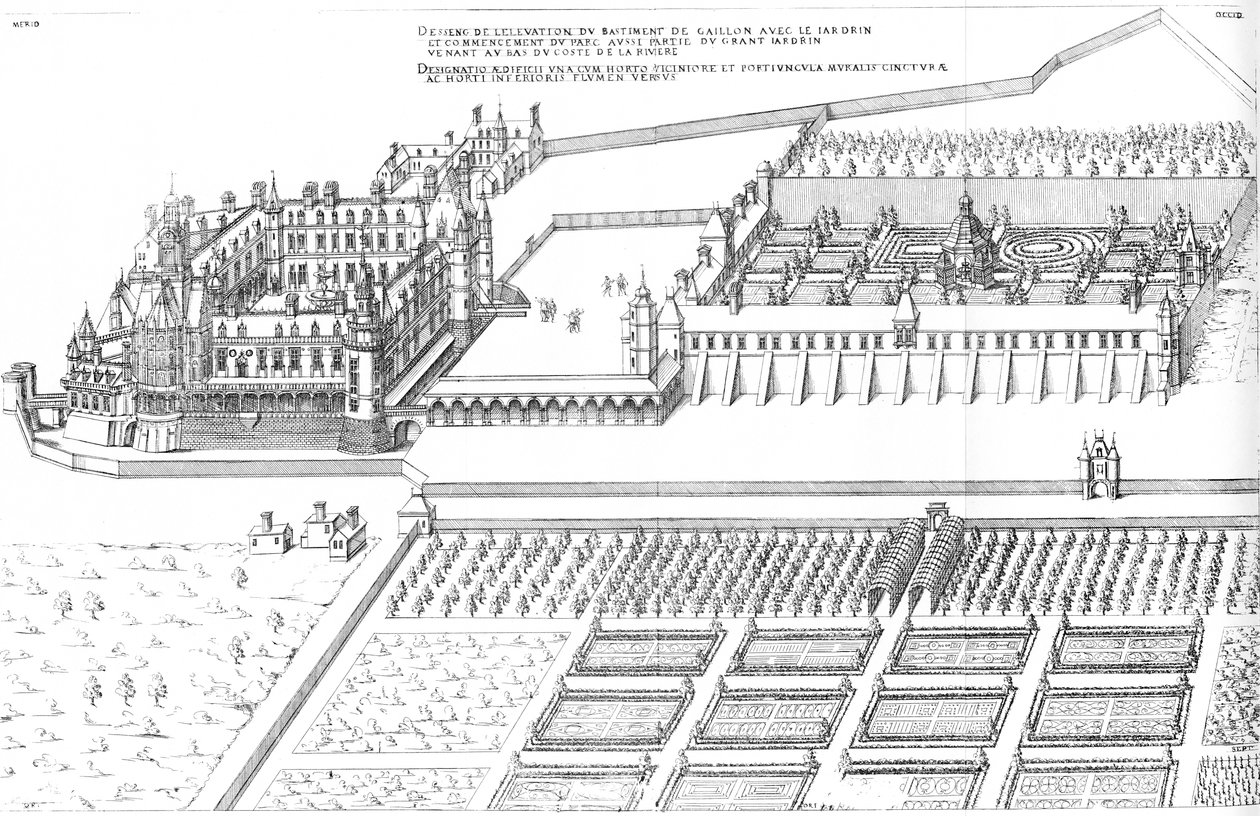 Kaiverrus Jacques I Androuet du Cerceaun teoksesta Le premier volume des plus excellents Bastiments de France. Yleinen sivuttainen lintuperspektiivi Château de Gaillonille tekijältä Jacques I Androuet du Cerceau