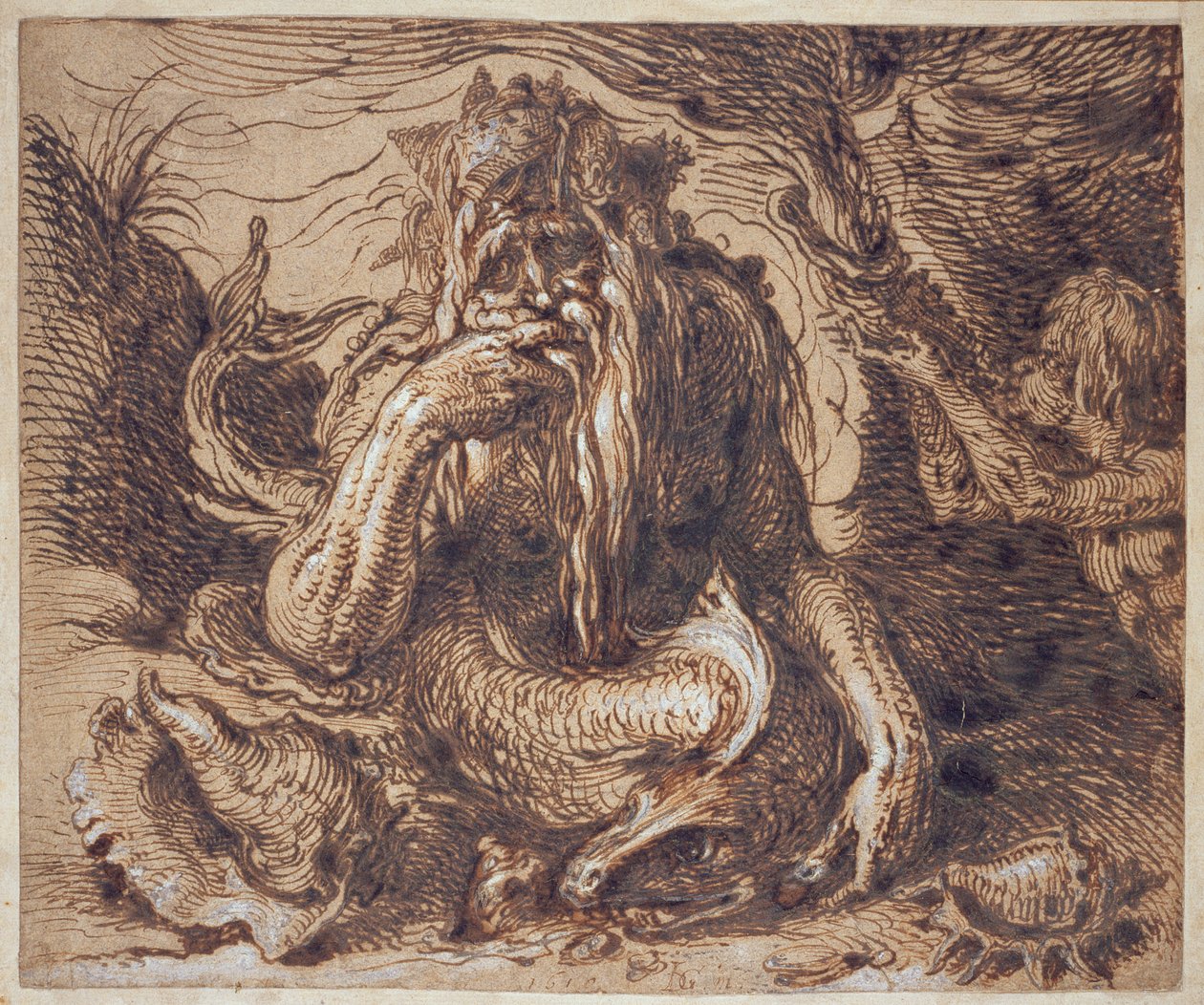 Neptune, 1610 (paperilla guassilla korotettu kynä ja muste) tekijältä Jacques II de Gheyn