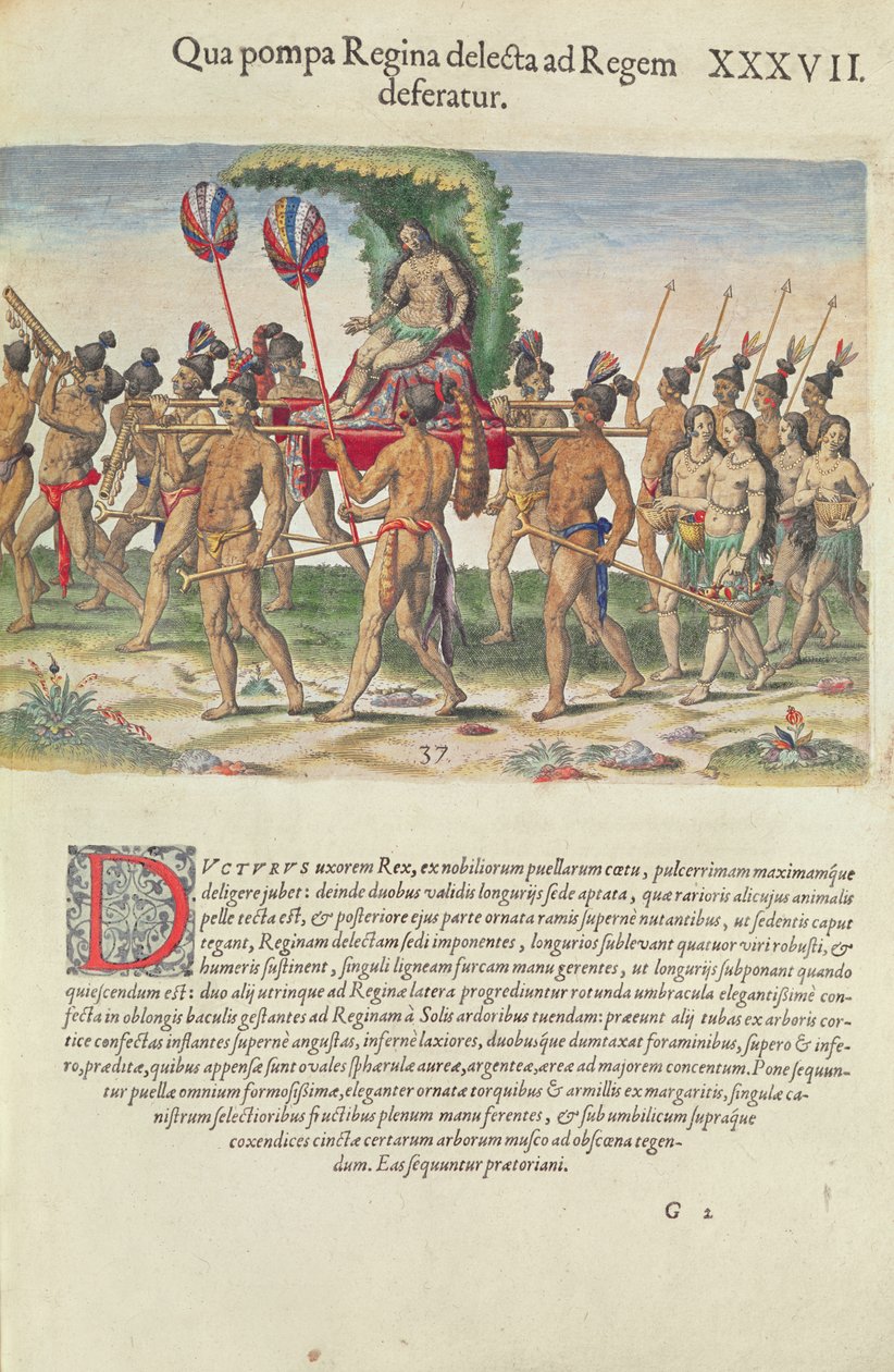 Theodore de Bryn (1528-1598) kaivertama Brevis Narratio -kirjasta päälliköksi kantaa morsian, Frankfurtissa 1591 tekijältä Jacques Le Moyne