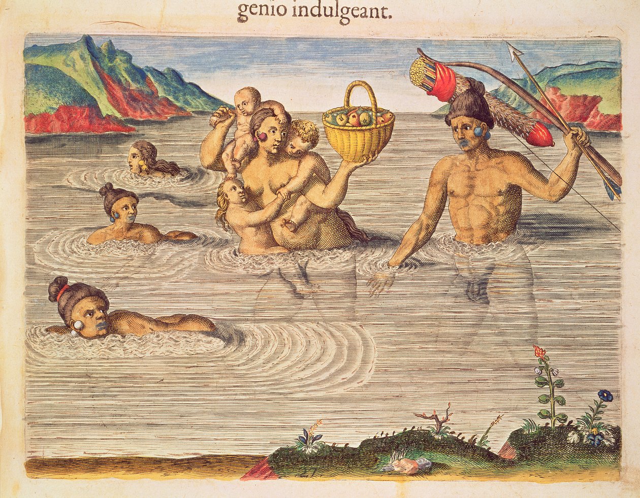 Perhe ylittää joen, kirjasta "Brevis Narratio...", kaivertanut Theodore de Bry (1528-98), julkaistu Frankfurtissa, 1591 tekijältä Jacques Le Moyne