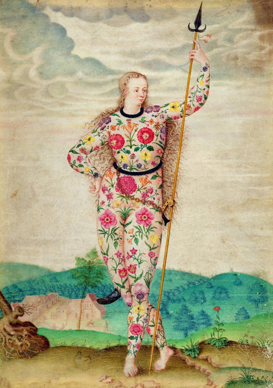 Piktien nuori tytär, n. 1585 (wc ja guassi kullalla perunakalvolla) tekijältä Jacques Le Moyne