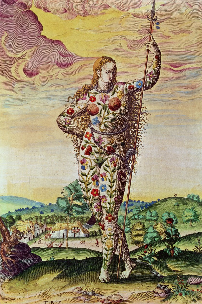 Nuori Pictish Woman, "Admiranda Narratio...", kaiverrus Theodore de Bry (1528-88) 1585-88 tekijältä Jacques Le Moyne