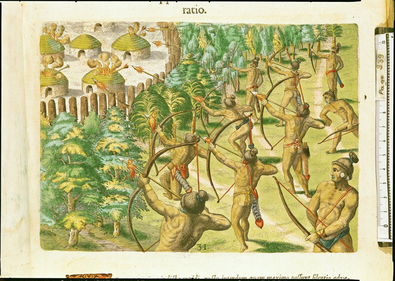 Hyökkäys intiaanikylää vastaan liekeillä nuolilla, Theodore de Bryn (1528-98) kaiverruksesta "Brevis Narratio..." 1591 tekijältä Jacques Le Moyne