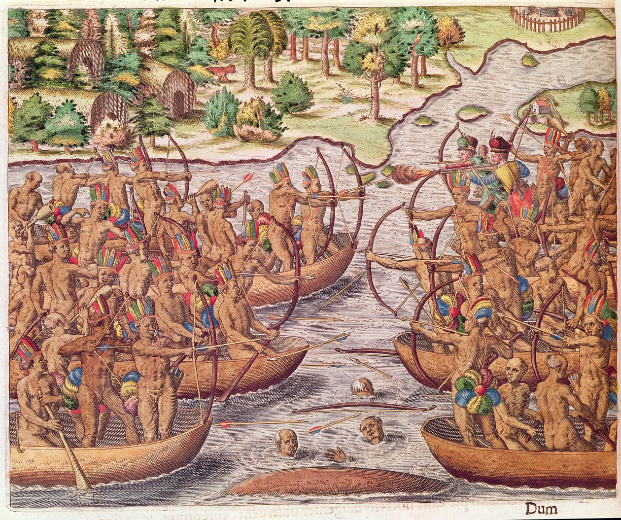 Taistelu intiaaniheimojen välillä Brevis Narratiosta.., kaiverrus Theodore de Bry (1528-98) 1564 tekijältä Jacques Le Moyne