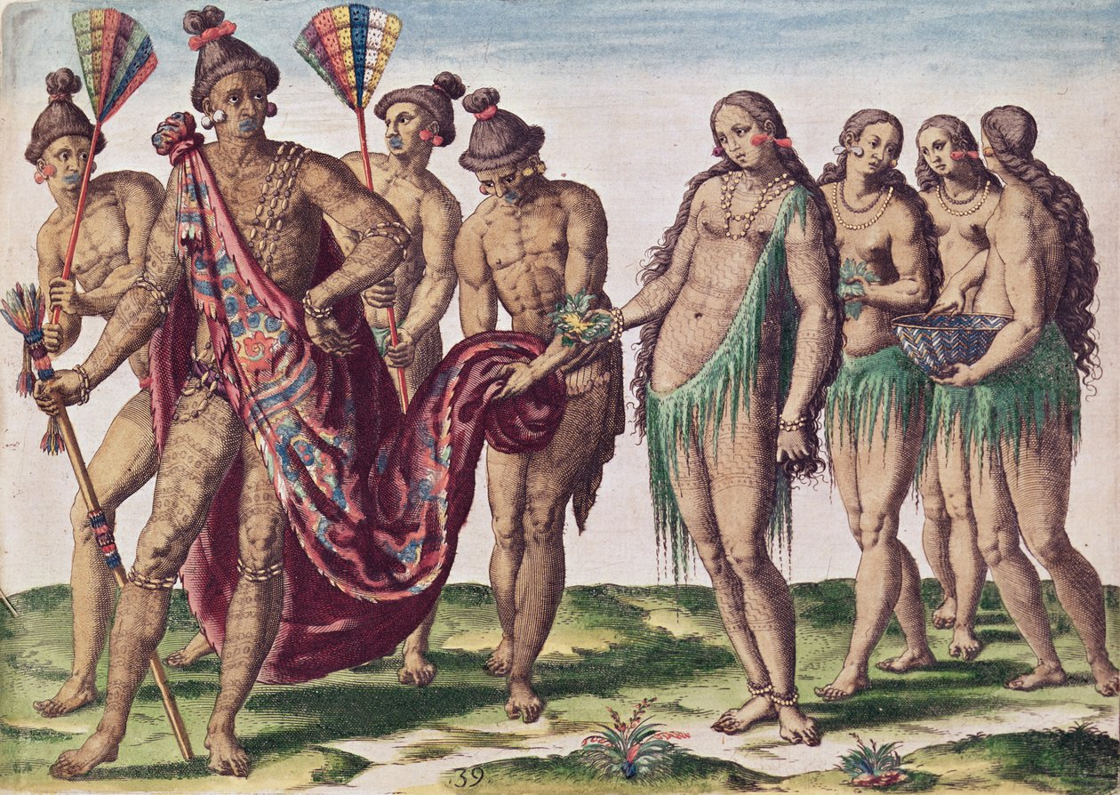 Päällikkö Satouriona ja hänen vaimonsa lähtevät kävelylle, levy XXXIX "Brevis Narratiosta...", kaivertanut Theodore de Bry (1528-98) tekijältä Jacques Le Moyne