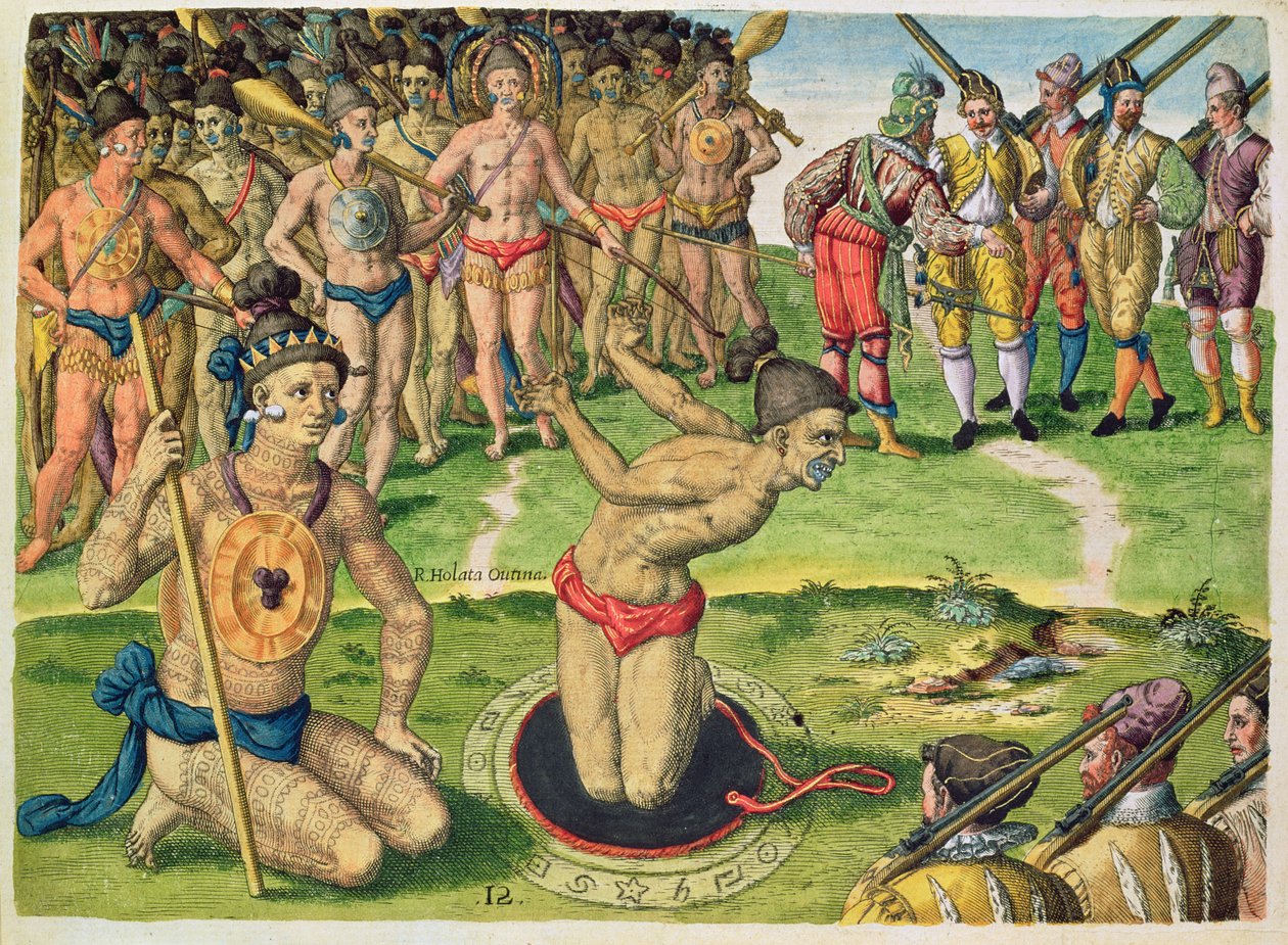 Consulting a Sorcerer, "Brevis Narratio...", kaiverrettu Theodore de Bry (1528-98), julkaistu Frankfurtissa, 1591 tekijältä Jacques Le Moyne