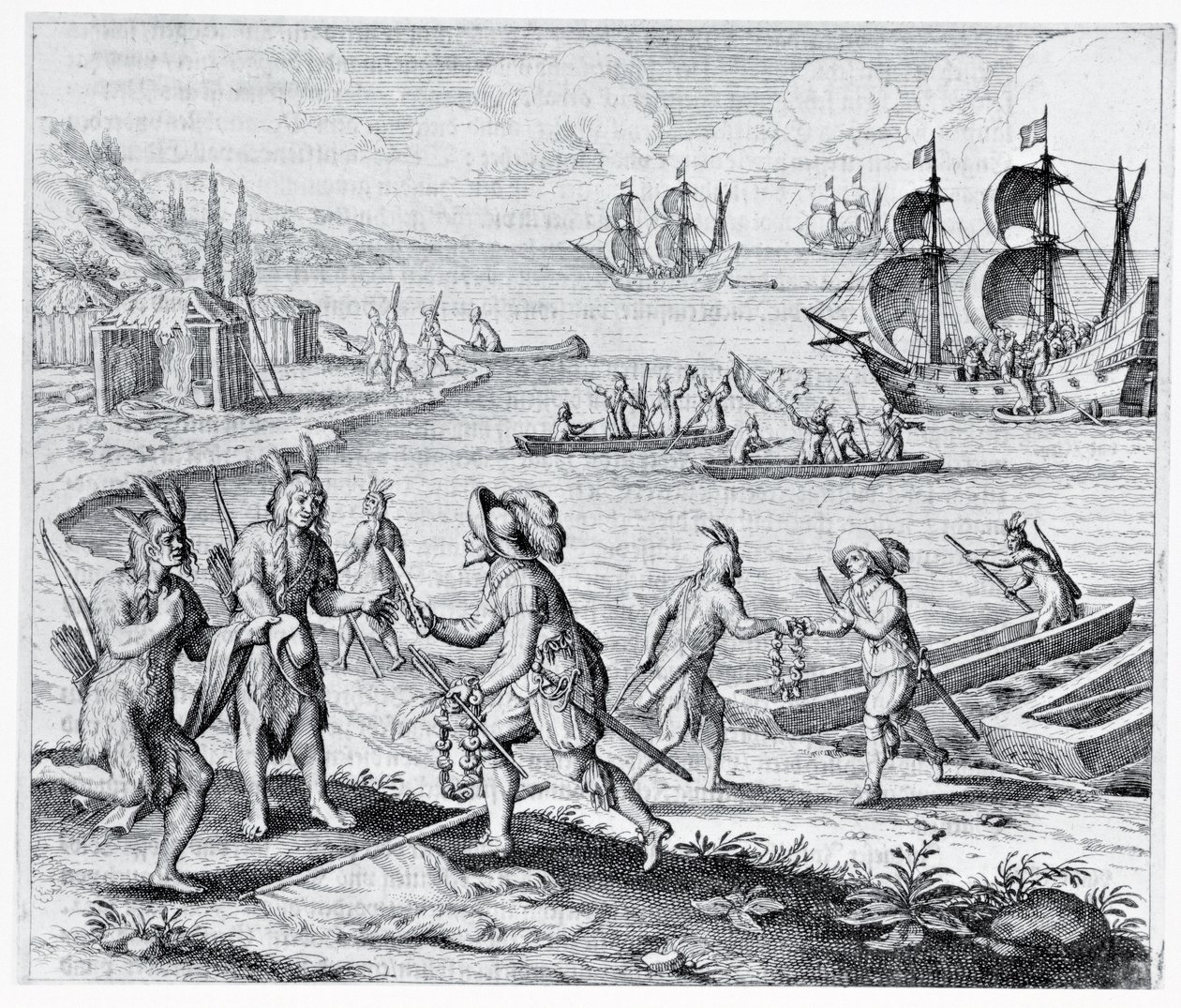 Englantilaiset käyvät kauppaa Länsi-Intian intiaanien kanssa, kirjasta "Americae", kirjoittanut ja kaiverrettu Theodor de Bry (1525-75), 1628. tekijältä Jacques Le Moyne