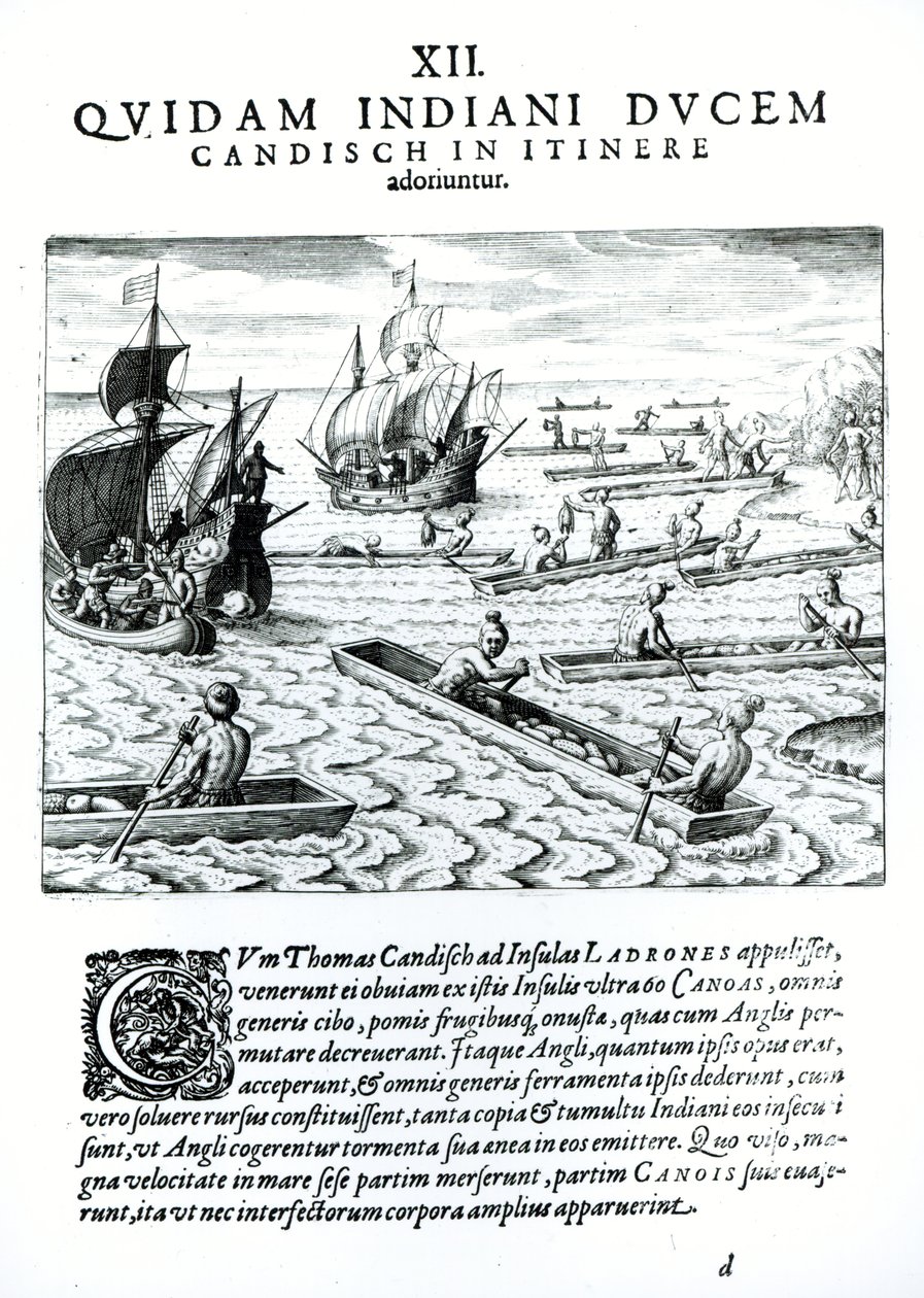 Thomas Cavendishin tutkimusmatka "Americaesta", kirjoittanut ja kaivertanut Theodore de Bry (1528-98) 1593 tekijältä Jacques Le Moyne