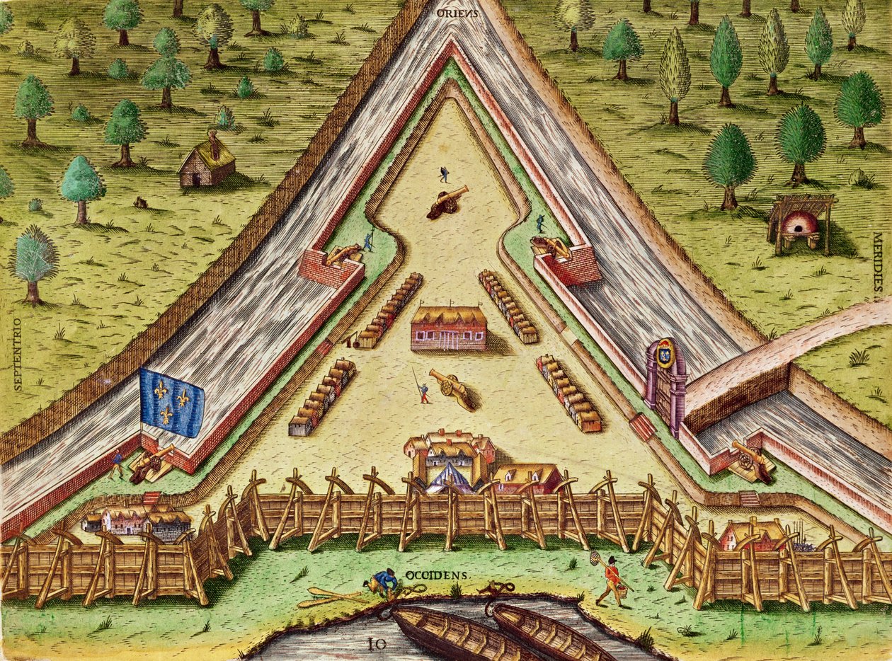 Fort Caroline, Brevis Narratiosta.., kaiverrettu Theodore de Bry (1528-98), julkaistu Frankfurtissa, 1591 tekijältä Jacques Le Moyne