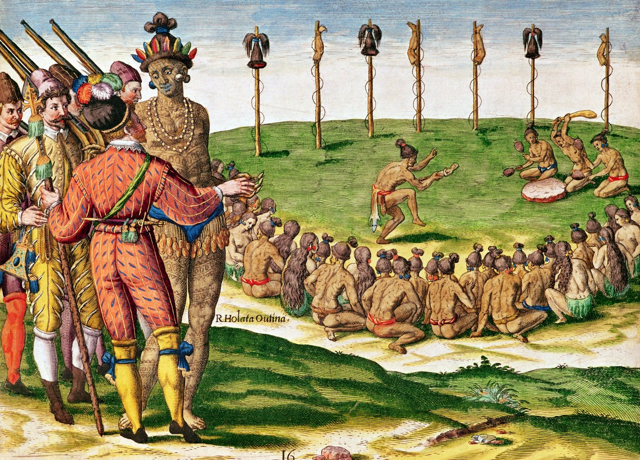 Intian voittoseremonia, "Brevis Narratio...", kaiverrettu Theodore de Bry (1538-98), julkaistu Frankfurtissa, 1591 tekijältä Jacques Le Moyne